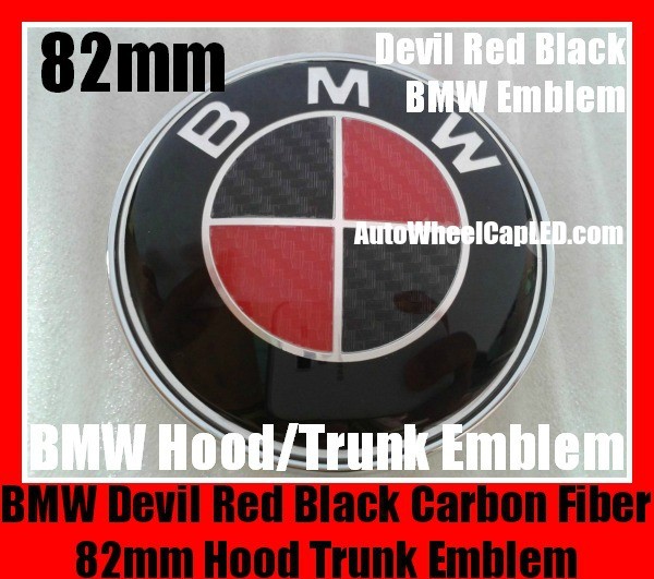 BMW Devil Red Black Carbon Fiber 82mm Hood Trunk Emblems Badges Roundels Bonnet Boot 2Pins