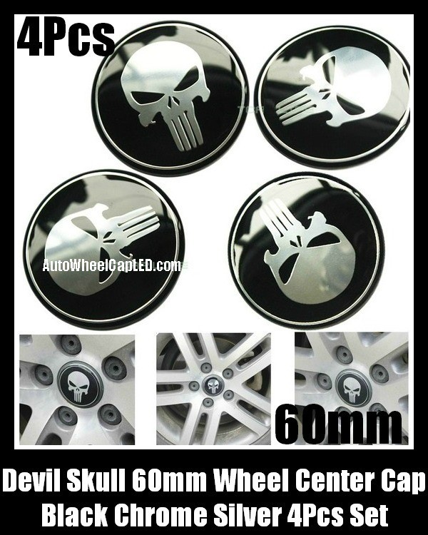 Devil Black Chrome Silver Skull 60mm Wheel Center Cap Stickers Emblems Curve Aluminum 4Pcs Set Logo