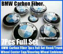 BMW Carbon Fiber Blue White Wheel Center Caps 68mm Steering Horn 45mm Hood 82mm Trunk 74mm Emblems 7Pcs Roundels Badges Full Set