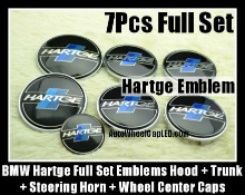 BMW Hartge 7Pcs Emblems 82mm Hood 74mm Trunk 68mm Wheel Center Caps 45mm Steering Horn Black Blue Stripes Full Set