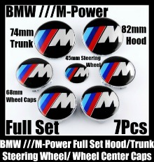 BMW M-Power 7Pcs Emblems 82mm Hood 74mm Trunk 68mm Wheel Center Caps 45mm Steering Wheel Horn in Full Set M3 M5 M6 ///M